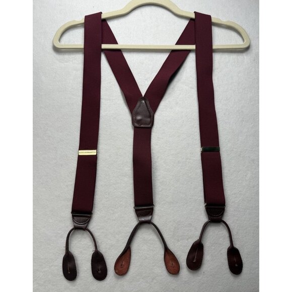 CAS Germany Men's Elastic Suspenders Maroon Red Solid Leather Button Loop Tips - Picture 1 of 4
